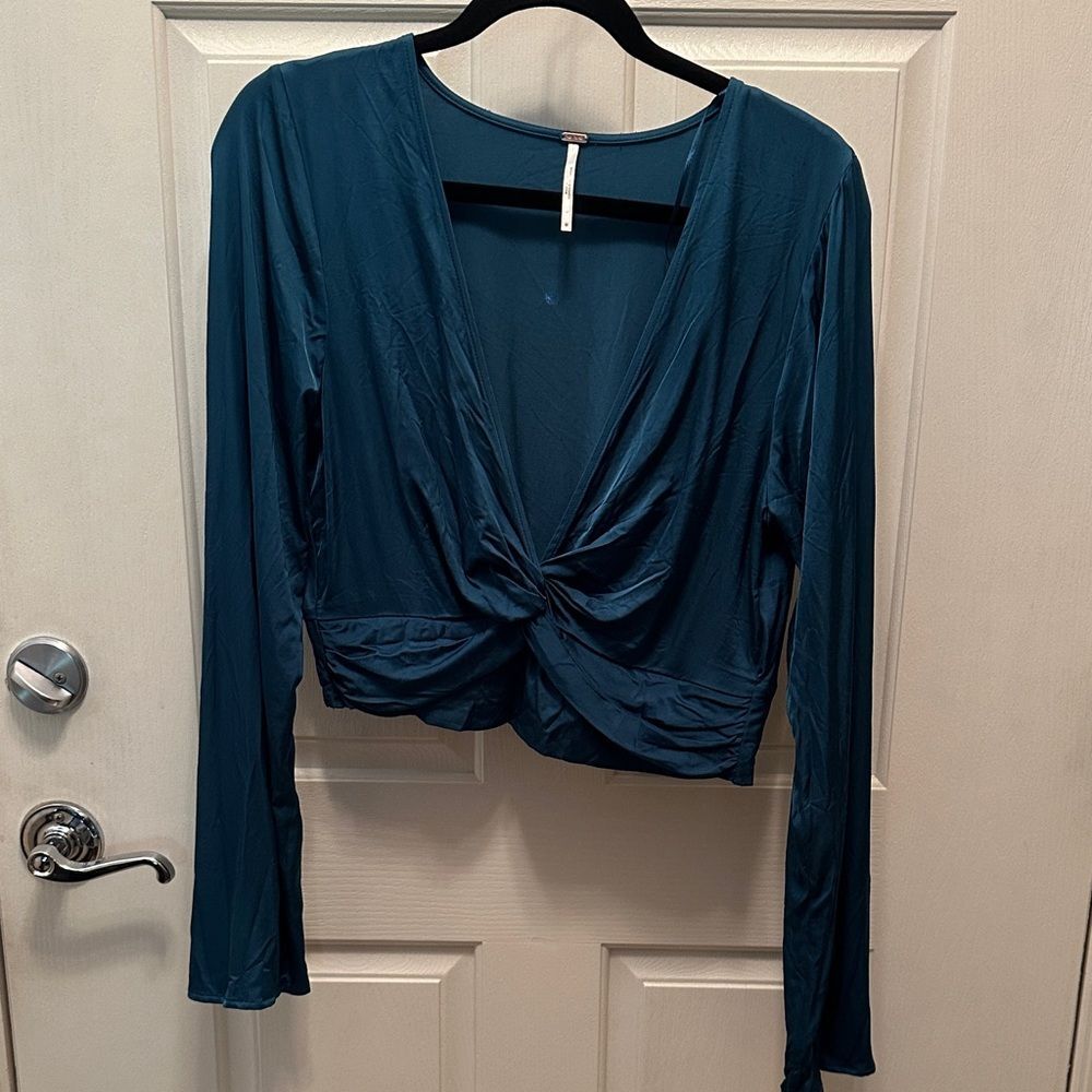 Free People Deep Teal Twist Front Satin Blouse